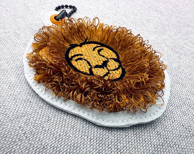 Fringed Fluffy Lion Eyelet and Key Fob Snap Tab in the hoop machine embroidery designs ITH cute keychain bag tag kids boys gift idea