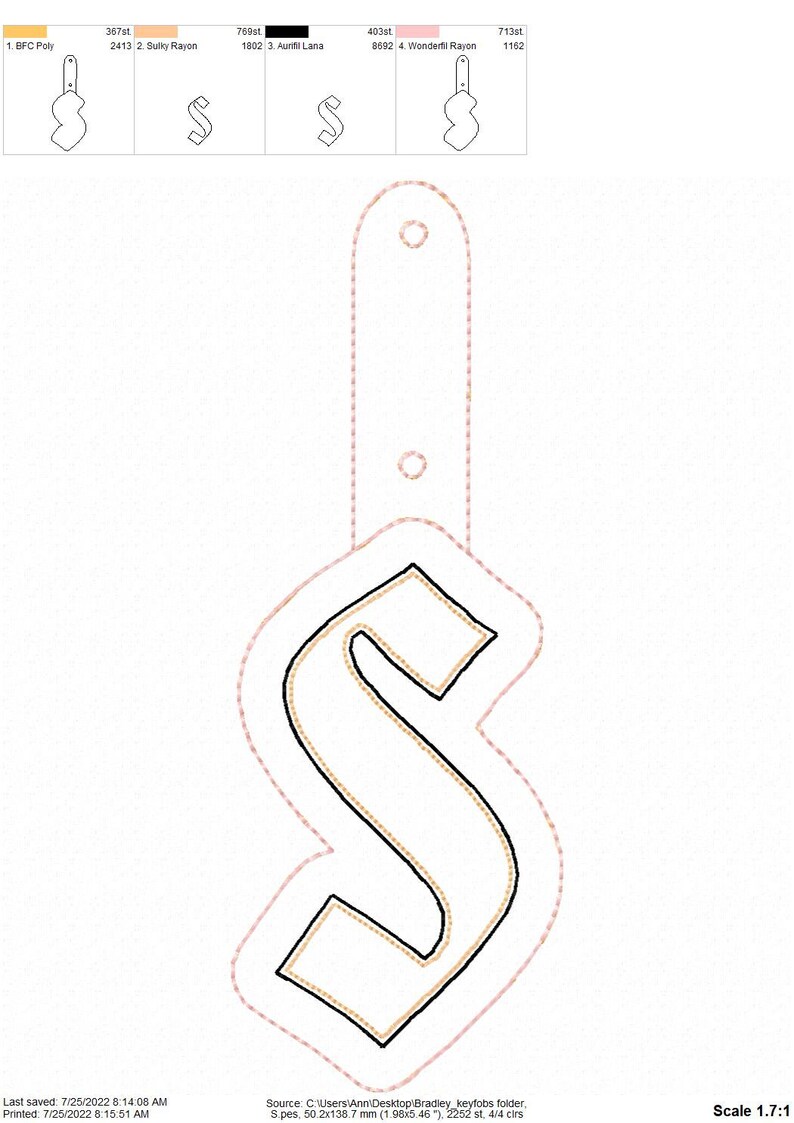 May include: A black and gold embroidered letter S with a white outline. The letter is surrounded by a pink dotted line.