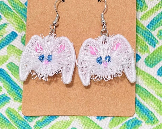 Cute Easter Bunny earrings fringed fluffy bunny charm FSL freestanding lace machine embroidery designs kids girl pretty rabbit in the hoop