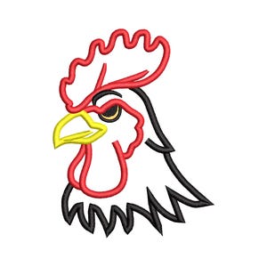 May include: A red and black line drawing of a rooster's head. The rooster has a red comb and wattle, a yellow beak, and a black eye.