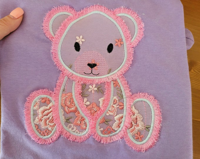 Fringed Fluffy Teddy Bear Applique fringe in the hoop ITH machine embroidery designs 4, 5, 6, 7, 8, 9 inches kids cute teddy toy design