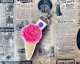 Bola de helado con flecos en llavero de cono de gofre llavero de pestaña a presión en el aro ITH diseños de bordado de máquina impresionante etiqueta de bolso de bolso de niños dulces