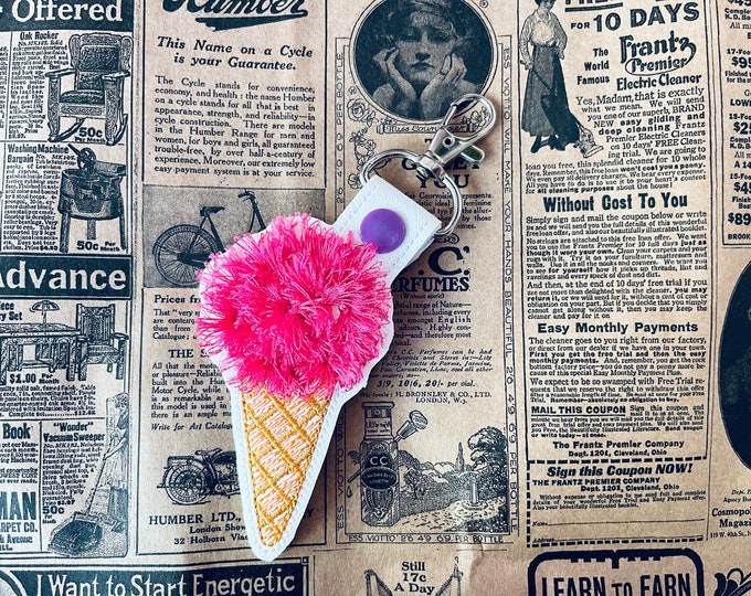 Fringed Ice Cream ball in waffle cone key fob snap tab keychain in the hoop ITH machine embroidery designs awesome sweet kids purse bag tag