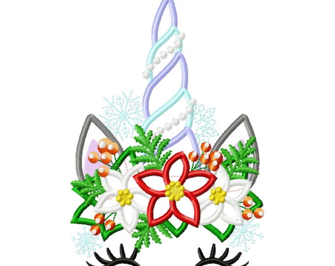 Christmas Unicorn head with floral crown applique machine embroidery designs unicorn face with snowflakes Merry Christmas