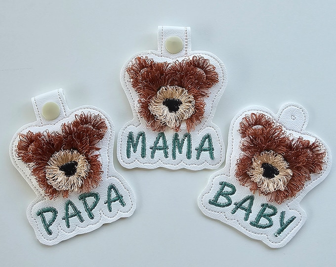 Mama Bear Papa Bear and Baby Fringed Bear Eyelet and Key Fob Snap Tab in the hoop machine embroidery designs ITH keychain fluffy gift idea