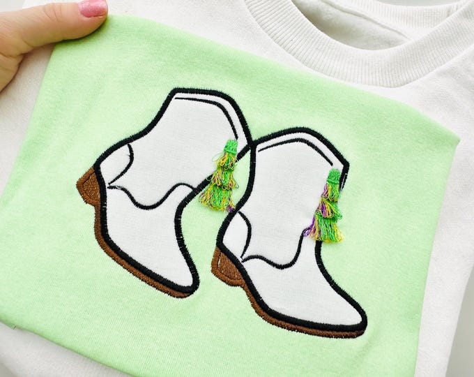 Dancing Mardi Gras Boots festival carnival Applique fringed fluffy tassels machine embroidery designs sizes 4 up to 7 inch Fat Tuesday shoes