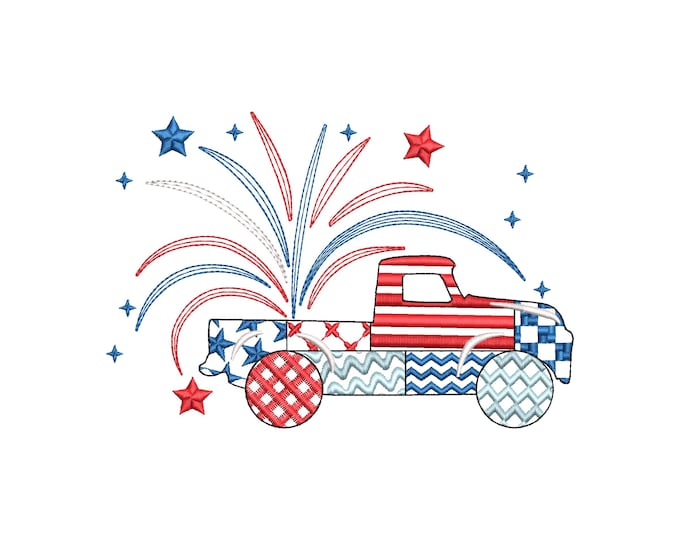 Patriotic Fireworks and Patchwork Red Truck patterned Truck outline machine embroidery designs sizes 4 up to 8 inch kids boys 4th of July