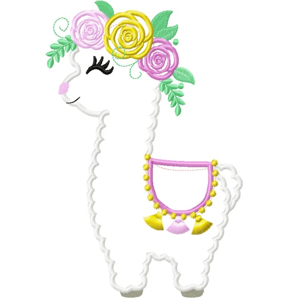 Little Baby llama with flowers floral crown roses Applique Design Baby lama machine embroidery applique designs 5x7 6x10