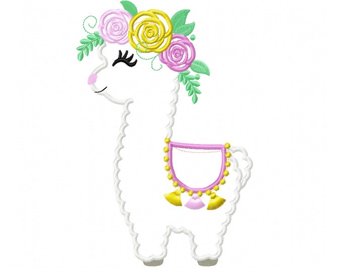 Little Baby llama with flowers floral crown roses Applique Design Baby lama machine embroidery applique designs 5x7 6x10