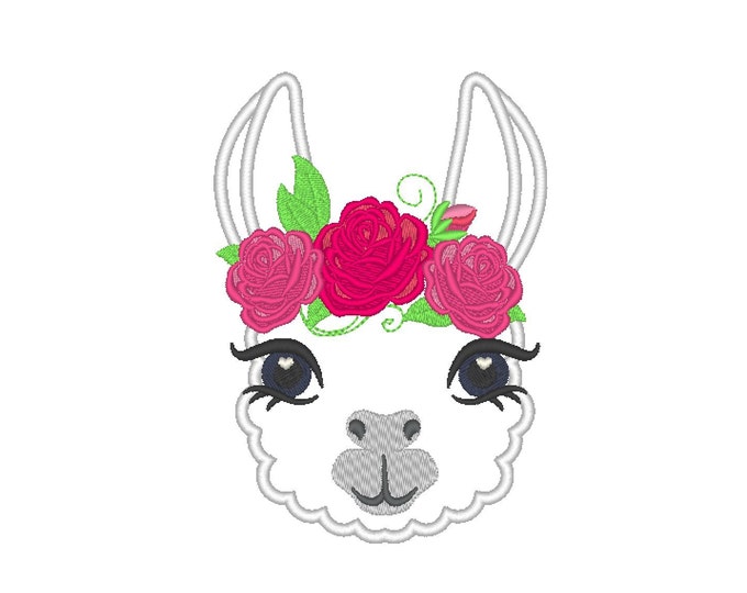 Pretty eyes llama alpaca head with shabby chick fill stitch roses crown applique machine embroidery designs applique embroidery llama face