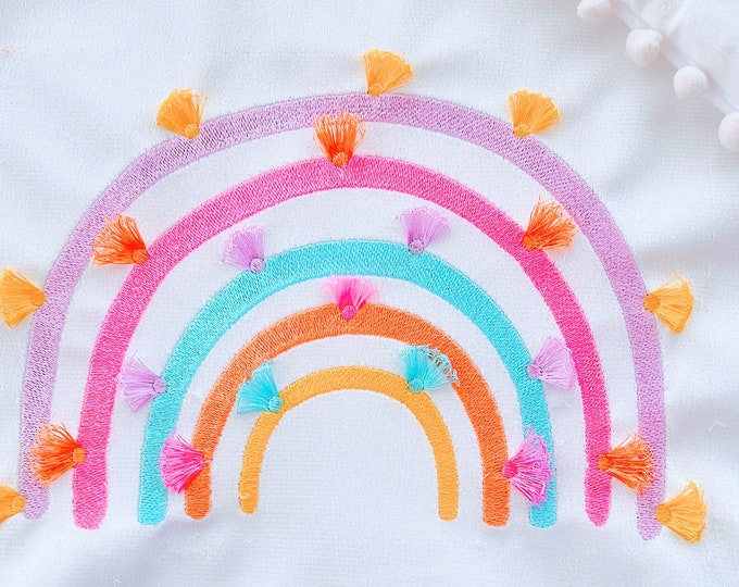 Boho rainbow arc of color fringed arcs and tassels machine embroidery design in assorted sizes, girly pretty rainbow heart leaf and tassels