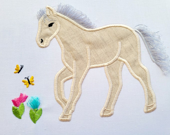 Fringed fluffy hair Horse Applique machine embroidery designs for hoop 4x4, 5x7, 6x10 fringe fur chenille horse hair tulips and butterfly