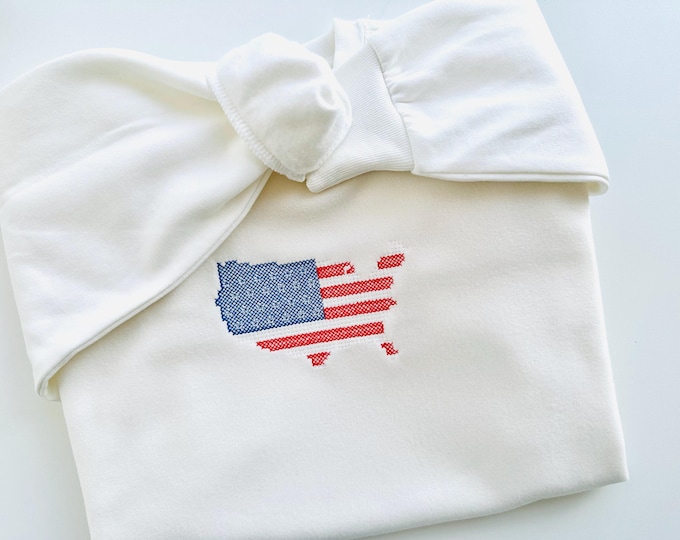 Cross stitch USA flag US States outline map 4th of July American patriotic machine embroidery designs assorted sizes 4 up to 10 inch