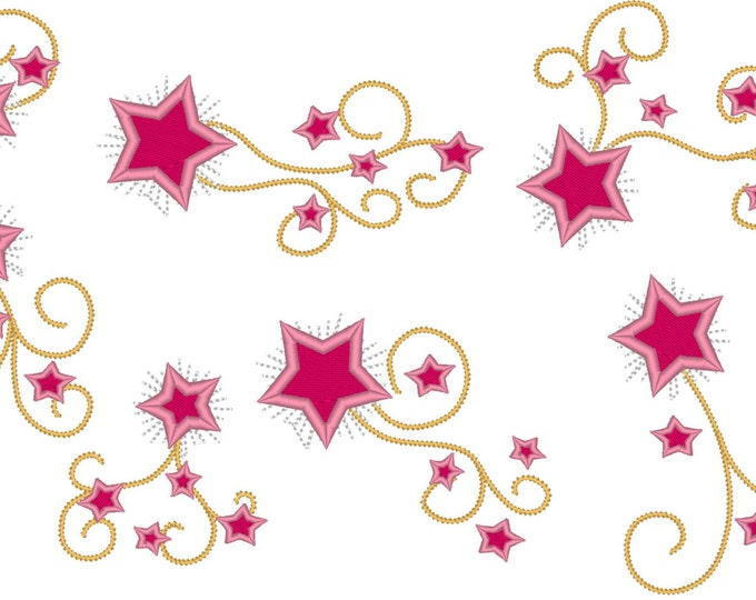 Shooting Sparkle swirly girly stars - Big set of different and in multiple sizes - embroidery machine designs, add-ons, many sizes INSTANT