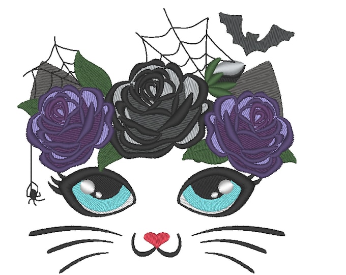 Cat black kitty Halloween witch hat witchy spooky Pretty eyes cat with shabby chick roses crown machine embroidery design