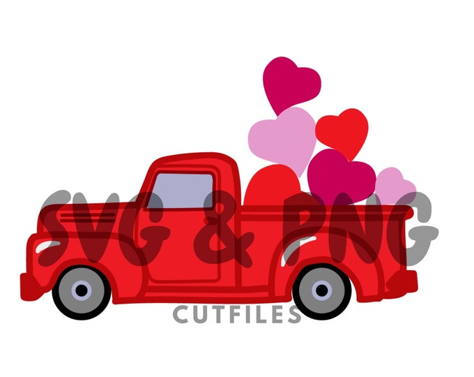 Vintage station wagon red truck, with hearts in the back, red truck with floating hearts SVG and PNG