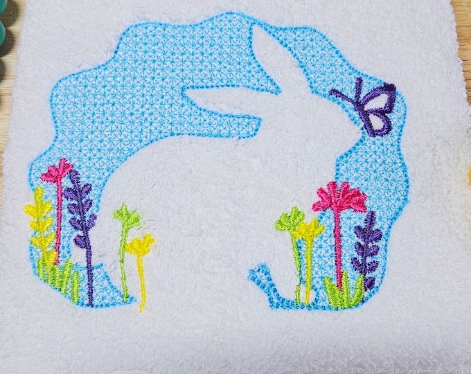 Embossed Bunny Embroidered Hand Towel machine embroidery designs for hoop 4x4 5x7 Easter gift idea Spring bunny embroidery for terry towels