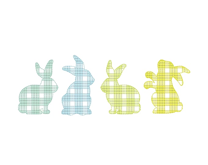 Gingham tartan checkered plaid Easter Bunny 4 four Easter bunnies in a row light sketch stitch outline Machine embroidery designs many sizes