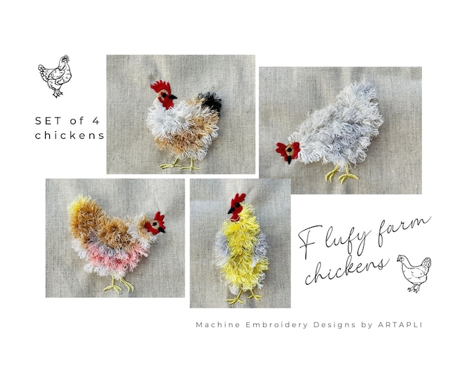SET of 4 Fluffy Chicken fringed fluffy chenille farm bird small machine embroidery designs awesome fringe fur chickens design