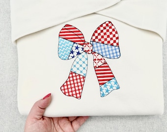 Patriotic Patchwork Bow patterned Bow outline 4th of July Independence Day girls machine embroidery designs many sizes 4 up to 7 inch