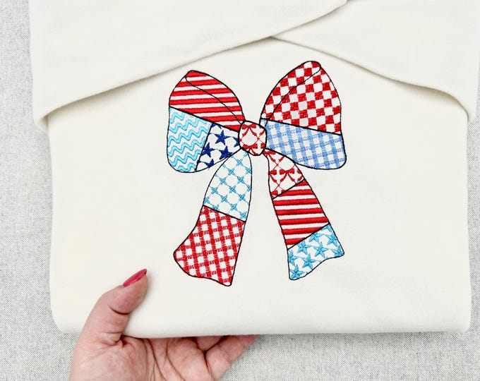 Patriotic Patchwork Bow patterned Bow outline 4th of July Independence Day girls machine embroidery designs many sizes 4 up to 7 inch
