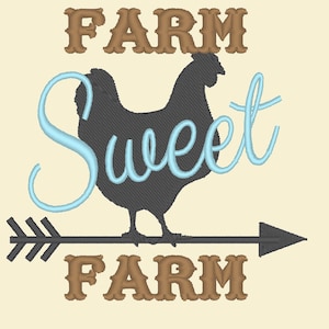 May include: A black silhouette of a chicken with the text "Farm Sweet Farm" in brown letters. The word "Sweet" is in a light blue cursive font.