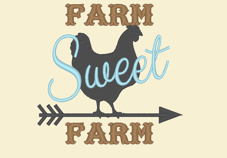 May include: A black silhouette of a chicken with the text "Farm Sweet Farm" in brown letters. The word "Sweet" is in a light blue cursive font.