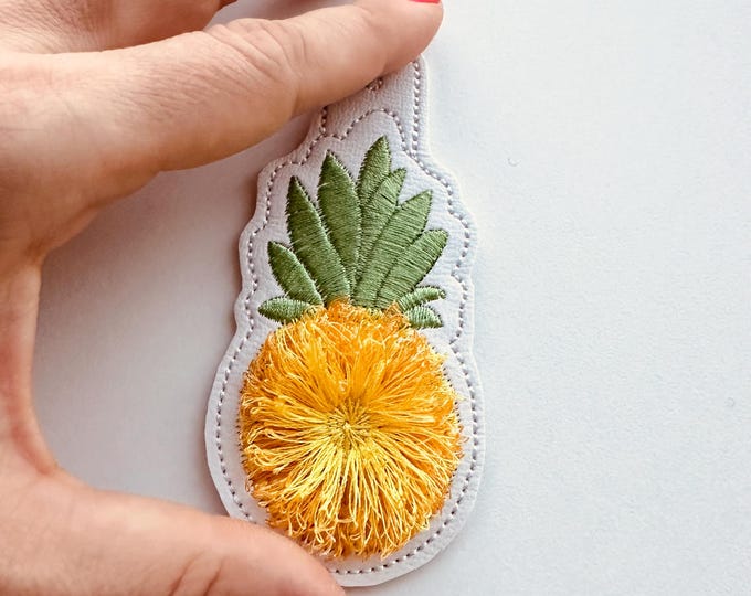 Fringed Fluffy Pineapple Fruit Key Fob Snap Tab and Eyelet In the Hoop Machine Embroidery designs ITH Project Keychain Tag kids gift idea