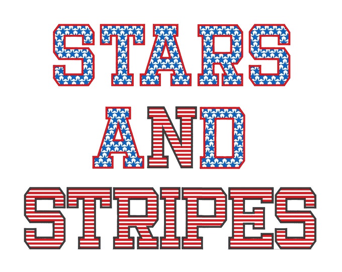 Patriotic Stars and Stripes Block Font 2 types machine embroidery designs SET of 2 alphabet letters monogram 4th July Independence Day font