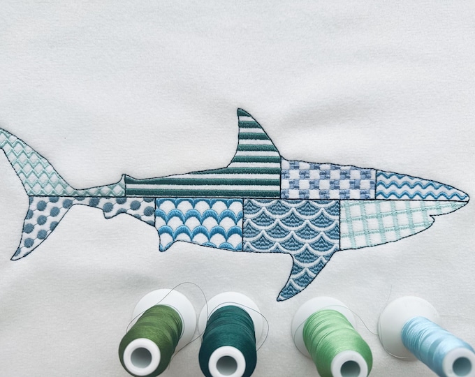 Patchwork Shark patterned sea life ocean animal big fish outline machine embroidery designs sizes 4 up to 12 inch boys beach t-shirt design