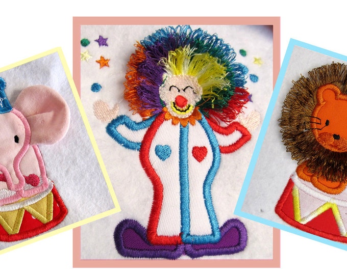 Circus - SET of 3 single designs - Clown, Lion, Elephant - fringed machine embroidery applique designs - 4x4 and 5x7 INSTANT DOWNLOAD