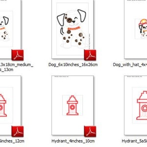 Op de afbeelding: Een set van 10 borduurmotieven met een Dalmati&euml;r met en zonder brandweerhoed, en een brandkraan. De ontwerpen zijn verkrijgbaar in verschillende maten, vari&euml;rend van 10 tot 25 cm.