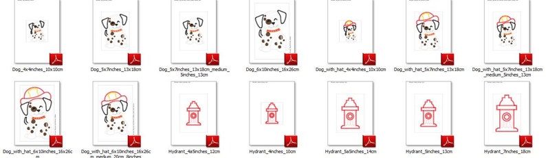 Op de afbeelding: Een set van 10 borduurmotieven met een Dalmati&euml;r met en zonder brandweerhoed, en een brandkraan. De ontwerpen zijn verkrijgbaar in verschillende maten, vari&euml;rend van 10 tot 25 cm.