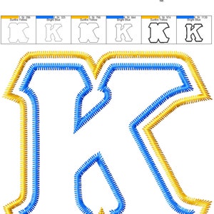 Puede incluir: Un dise&ntilde;o de bordado digital de la letra K en amarillo y azul. El dise&ntilde;o est&aacute; formado por tres capas de puntadas, con la capa exterior amarilla y la capa interior azul. El dise&ntilde;o mide aproximadamente 12,16 cm de ancho y 11,5 cm de alto.