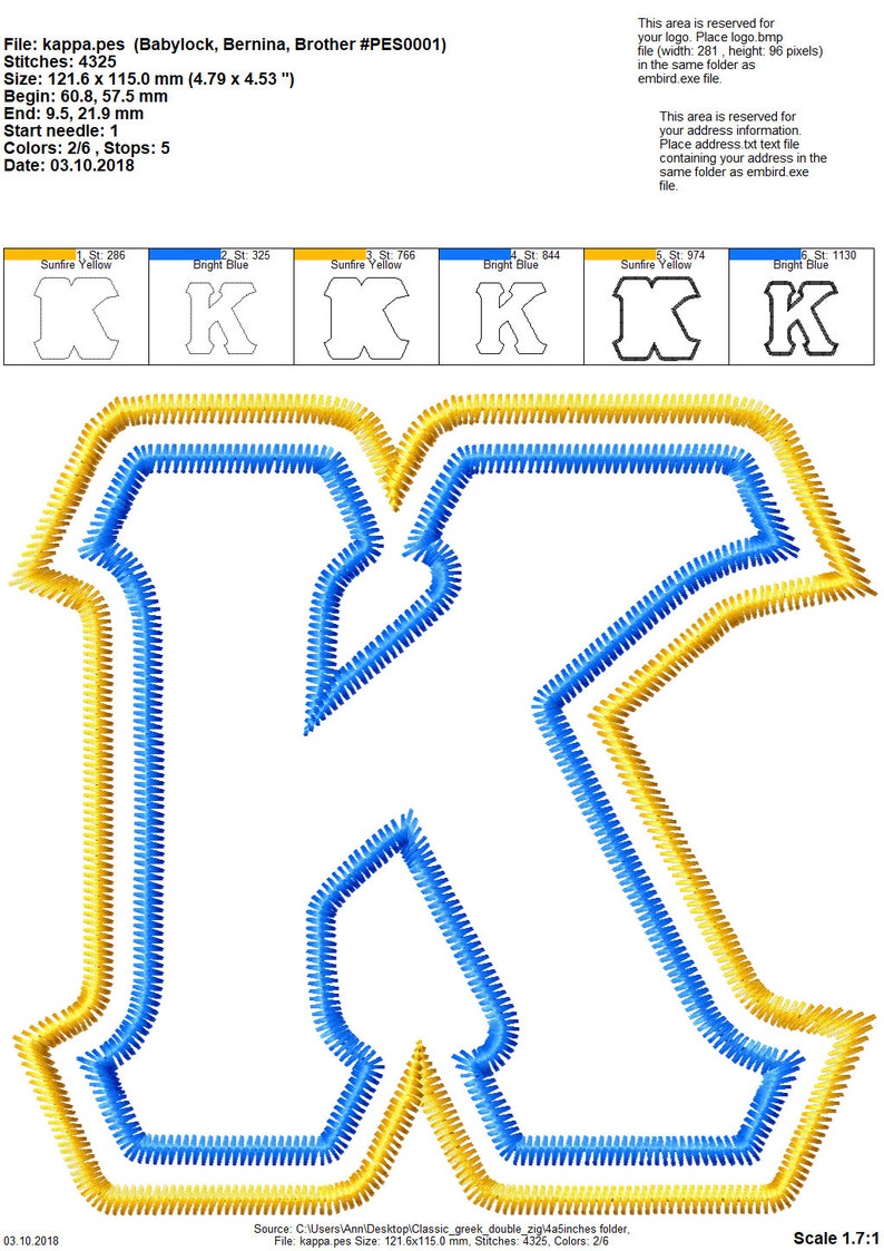 Puede incluir: Un dise&ntilde;o de bordado digital de la letra K en amarillo y azul. El dise&ntilde;o est&aacute; formado por tres capas de puntadas, con la capa exterior amarilla y la capa interior azul. El dise&ntilde;o mide aproximadamente 12,16 cm de ancho y 11,5 cm de alto.