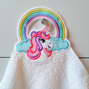 Rainbow unicorn towel hanging topper hole In The Hoop machine embroidery design, ITH project Towel topper, hanger, hanging hole embroidery