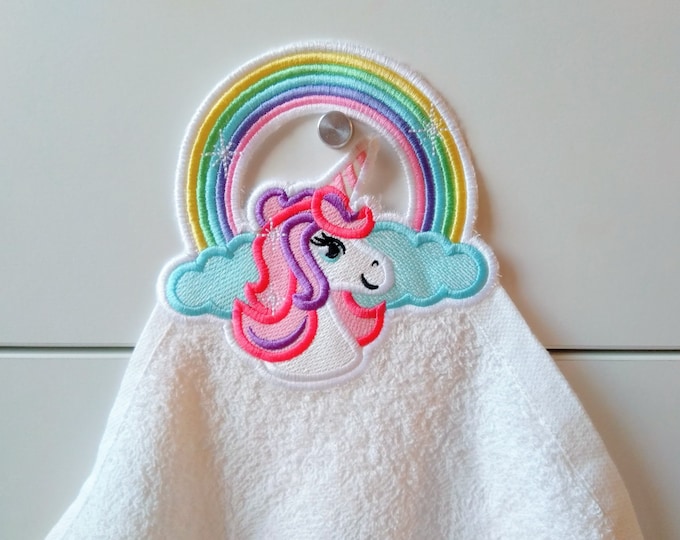 Rainbow unicorn towel hanging topper hole In The Hoop machine embroidery design, ITH project Towel topper, hanger, hanging hole embroidery