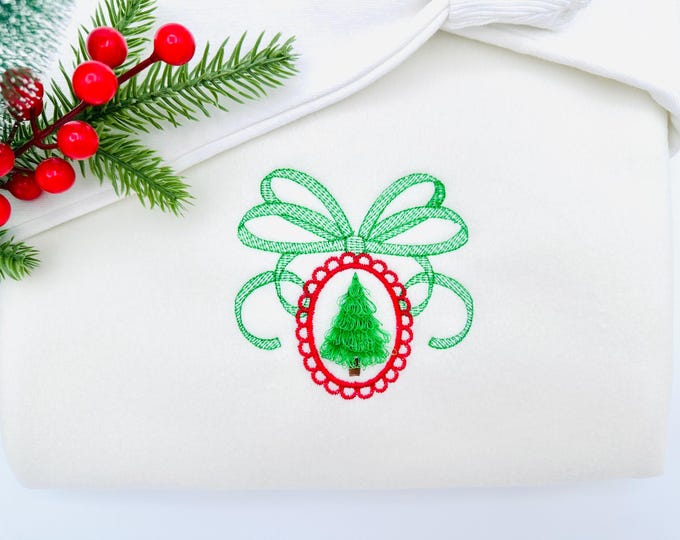 Fringed fluffy Festive Christmas Tree in lace Frame with Bow fringe chenille Pine Tree Cameo machine embroidery designs sizes 4 up to 5 inch