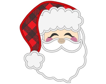 May include: A red and black plaid Santa hat with a white pom-pom and a white beard and face. The Santa has rosy cheeks and closed eyes.