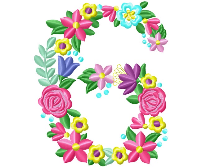 Floral letter Birthday number SIX flowers liberty fashioned flowers Font machine embroidery design number 6 only 4, 5, 6, 7, 8 in