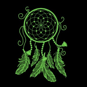 May include: Green dreamcatcher with a beaded fringe and feathers. The dreamcatcher has a circular frame with a geometric pattern.