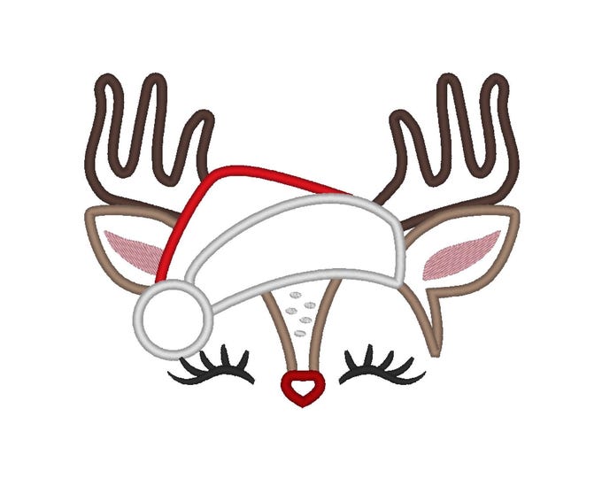 Christmas Deer with Satnta Hat Applique machine embroidery designs deer reindeer head kids baby outfit many sizes 4 up to 8 inches
