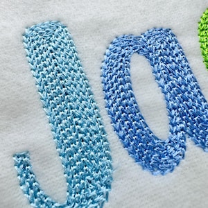 May include: Close-up of embroidered text on a white background. The letters "JO" are in shades of blue, with a gradient effect. The stitching is detailed and textured, creating a raised appearance. The overall aesthetic is clean and modern.