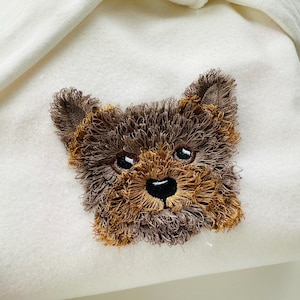Fringed Fluffy little Puppy Yorkshire Terrier face pet dog head fur chenille  machine embroidery designs sizes 3.5 up to 5 inches Yorkie