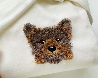 Fringed Fluffy little Puppy Yorkshire Terrier face pet dog head fur chenille  machine embroidery designs sizes 3.5 up to 5 inches Yorkie
