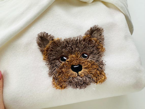 Fringed Fluffy little Puppy Yorkshire Terrier face pet dog head fur chenille  machine embroidery designs sizes 3.5 up to 5 inches Yorkie
