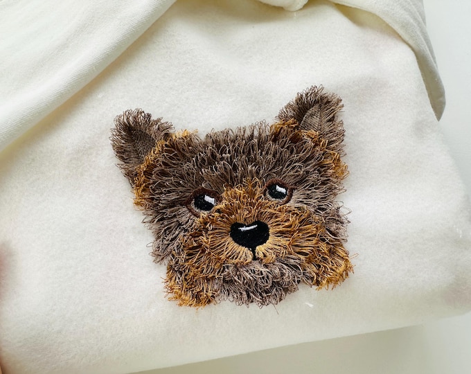 Fringed Fluffy little Puppy Yorkshire Terrier face pet dog head fur chenille  machine embroidery designs sizes 3.5 up to 5 inches Yorkie