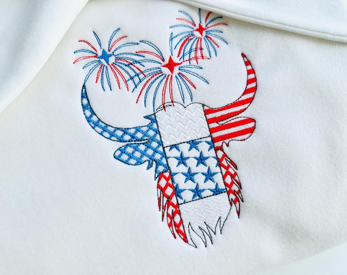 Patchwork Highland Cow Bull farm animal patterned outline and Fireworks patriotic machine embroidery designs sizes 4 up to 7 inch 4th July