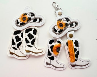 Cowboy Boots and Hat fringed Sunflower key fob snap tab and Eyelet keychain SET of 4 designs ITH in the hoop machine embroidery designs