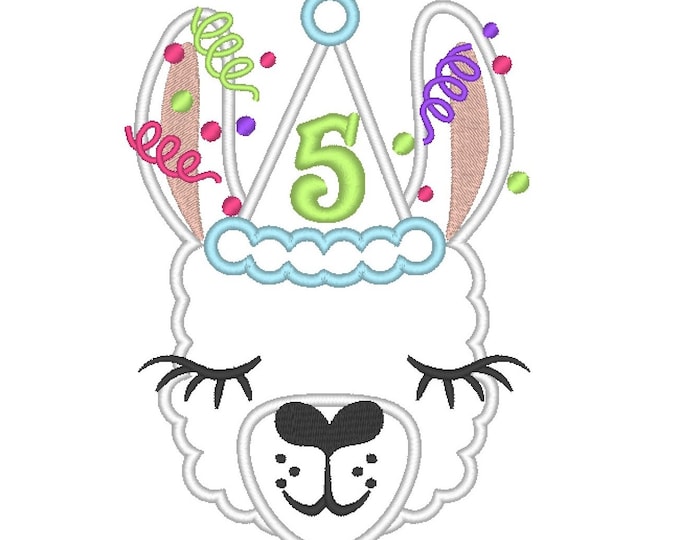 Number 5 Five birthday Llama alpaca Birthday hat outfit llama with number Applique Design lama machine embroidery designs 4x4 5x7 6x10